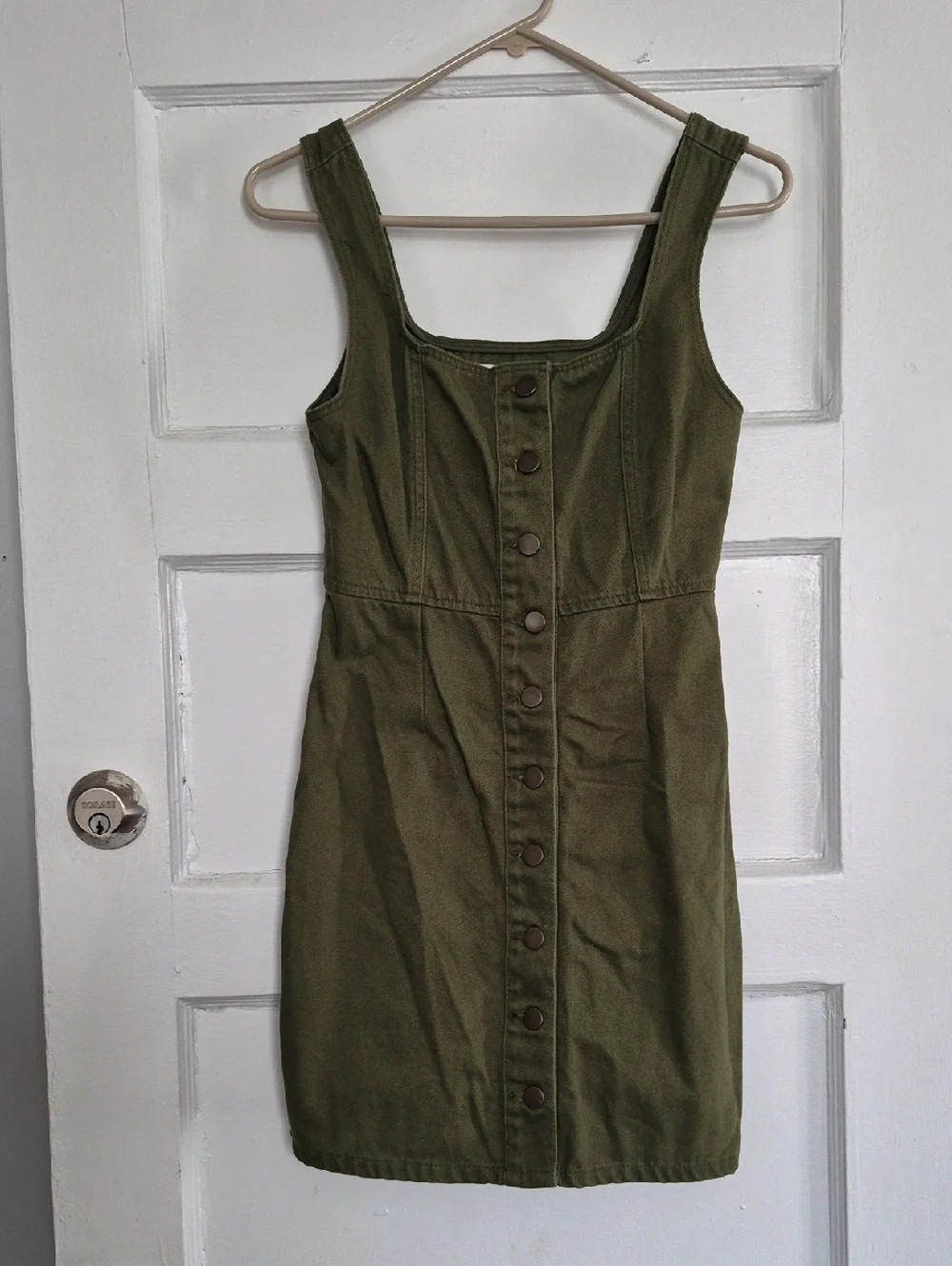 Urban Outfitters Olive Army Green Button-Front Denim Mini Dress 90s - Picture 3 of 11